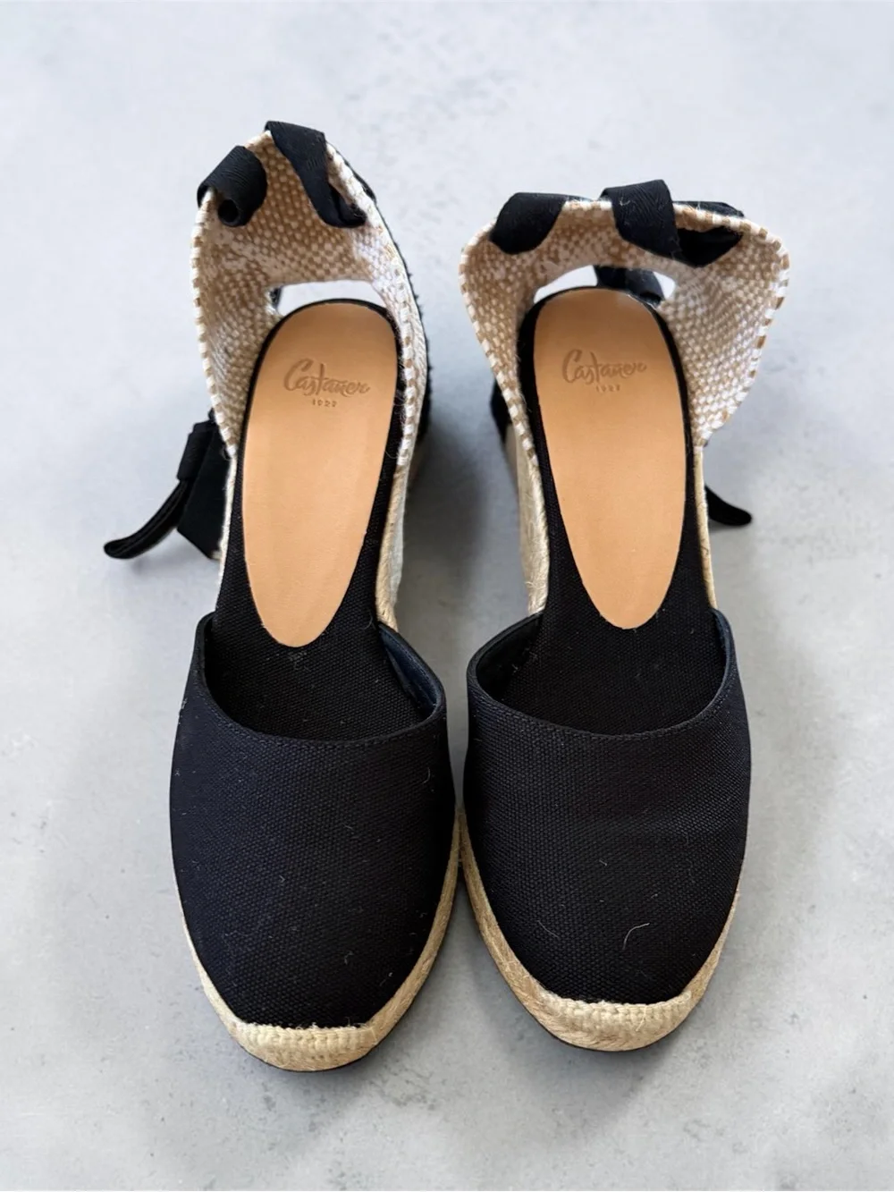 Castaner Black Canvas Espadrille Wedge Sandals with Ankle Tie 6 NWB